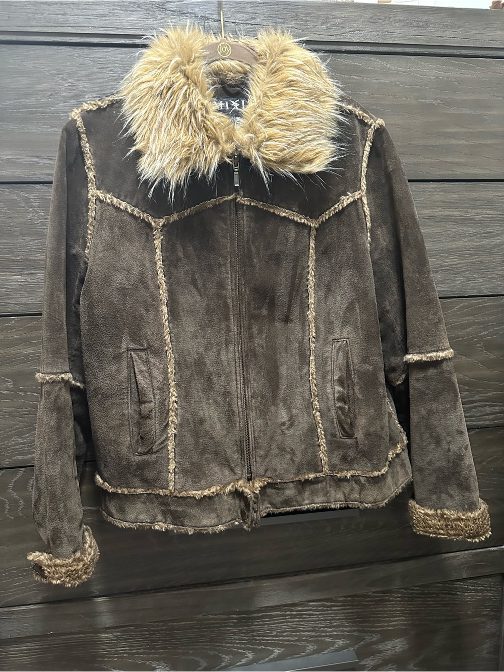 Mixit Brown Faux-Shearling Bomber Jacket with Fur Collar